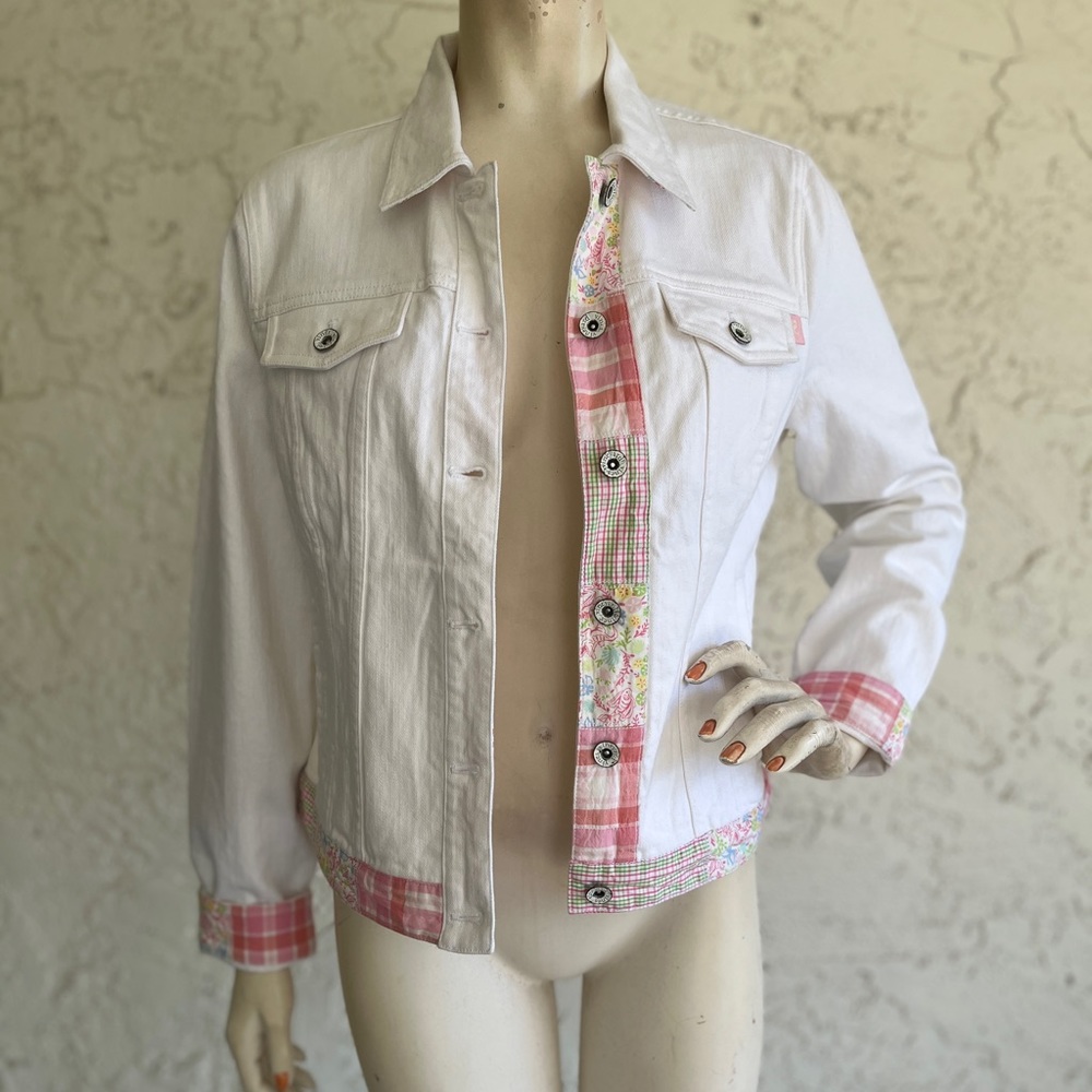 VINEYARD VINES White Denim Jean Jacket Pink Plaid Floral Trim Women Size M